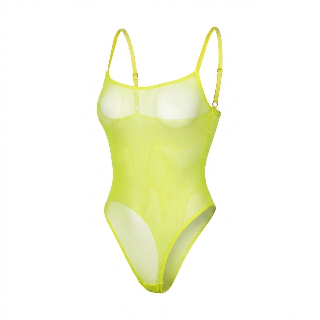 Neon Green Sheer Mesh Underwired Spaghetti Strap Bodysuit - MARELIA