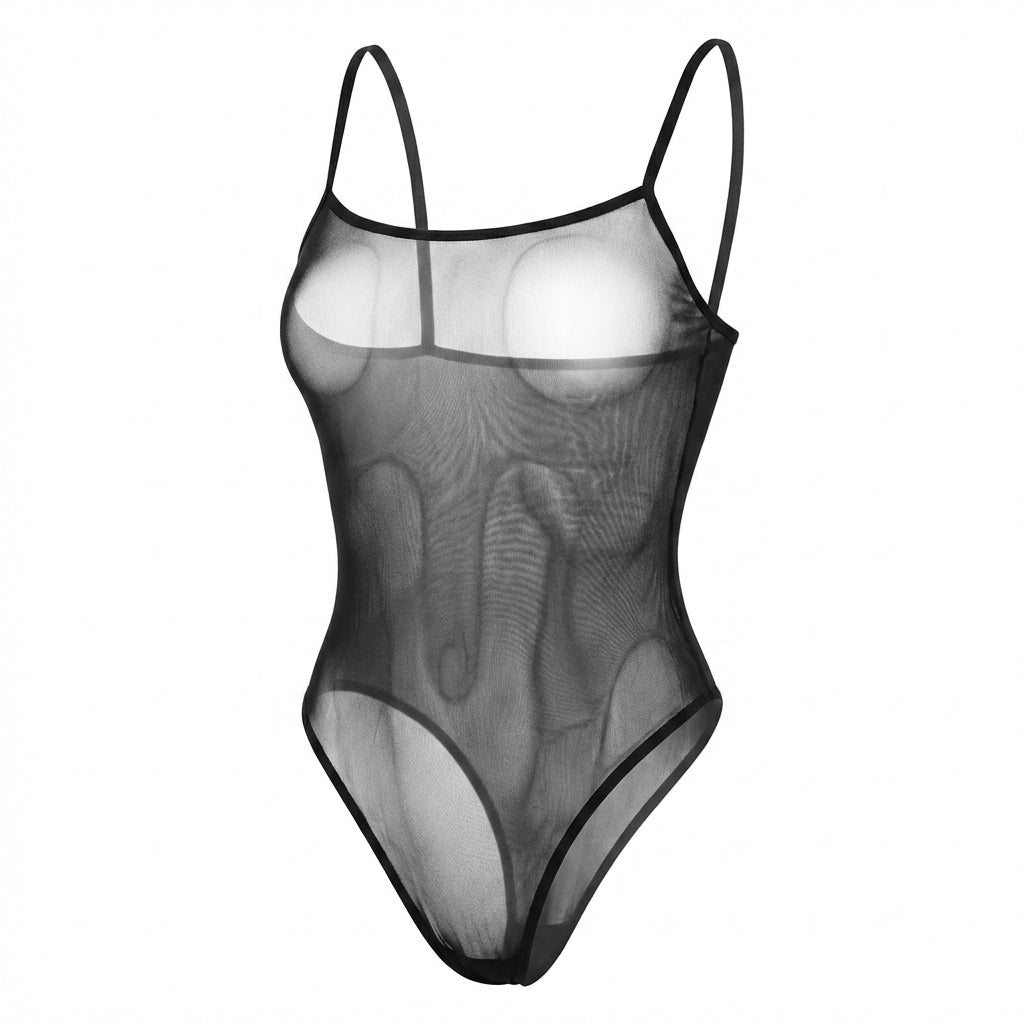 Black Sheer Mesh Underwired Spaghetti Strap Bodysuit - MARELIA