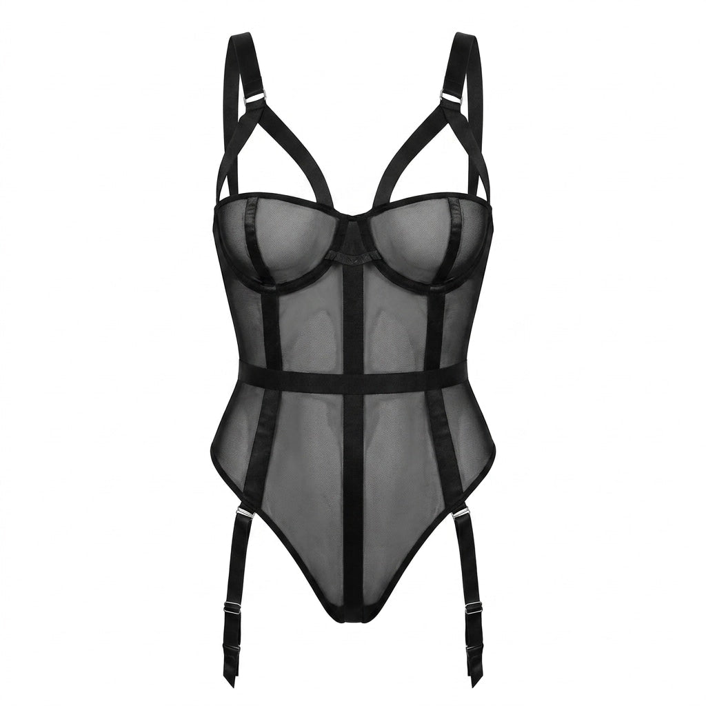 Black Sheer Mesh Underwired Teddy With Garter Straps - MARELIA