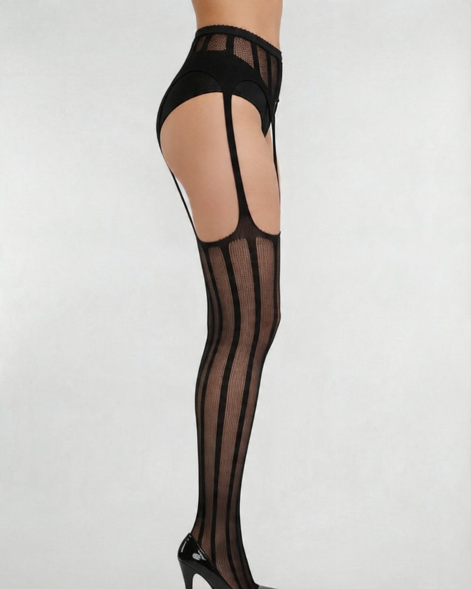 Black Sheer Striped Suspender Stockings Set - MARELIA