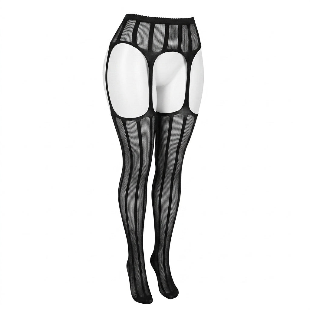 Black Sheer Striped Suspender Stockings Set - MARELIA