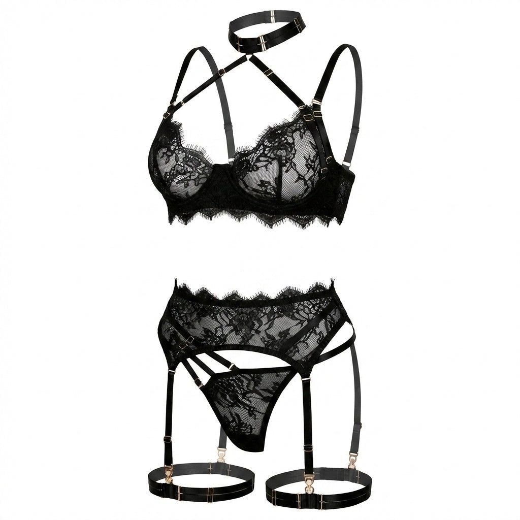Black Strappy Collar Lace Bra Garter Belt And Thong Set - MARELIA