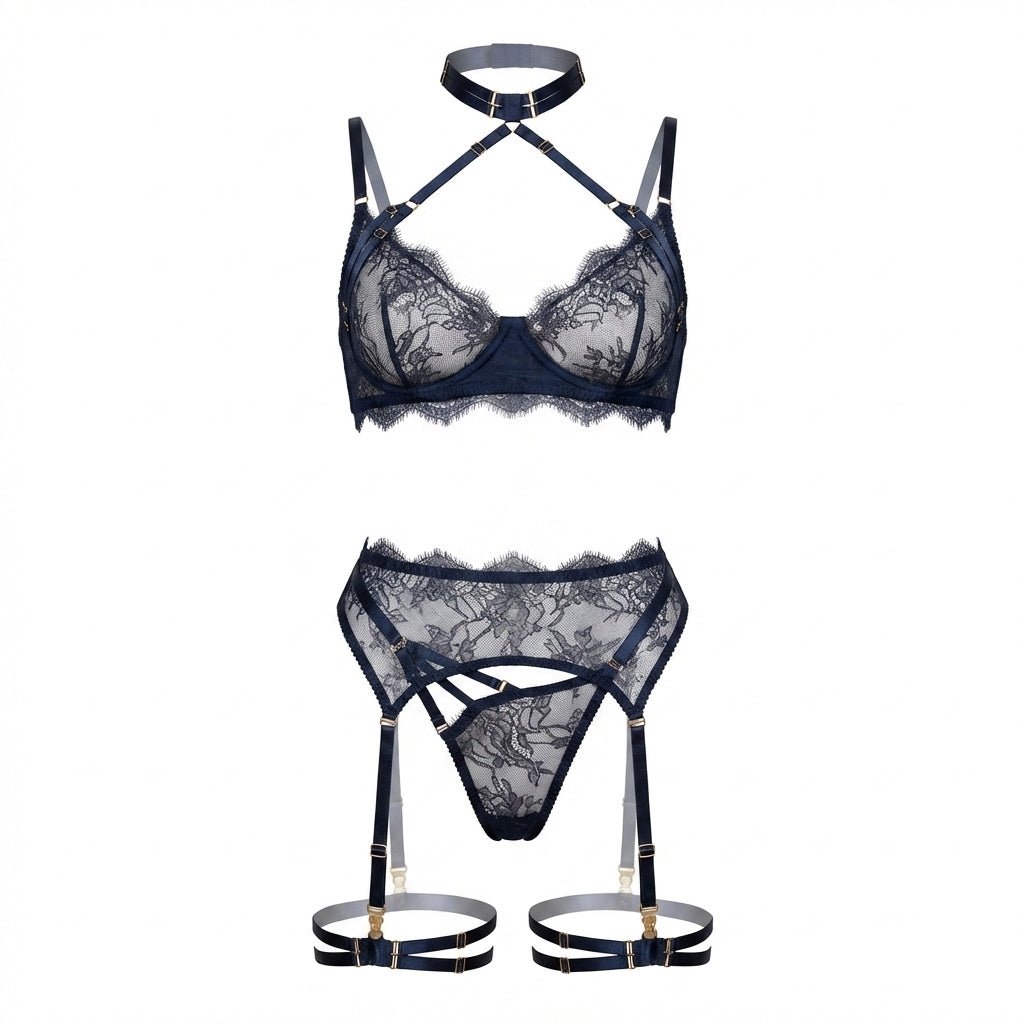 Midnight Blue Strappy Collar Lace Bra Garter Belt And Thong Set - MARELIA