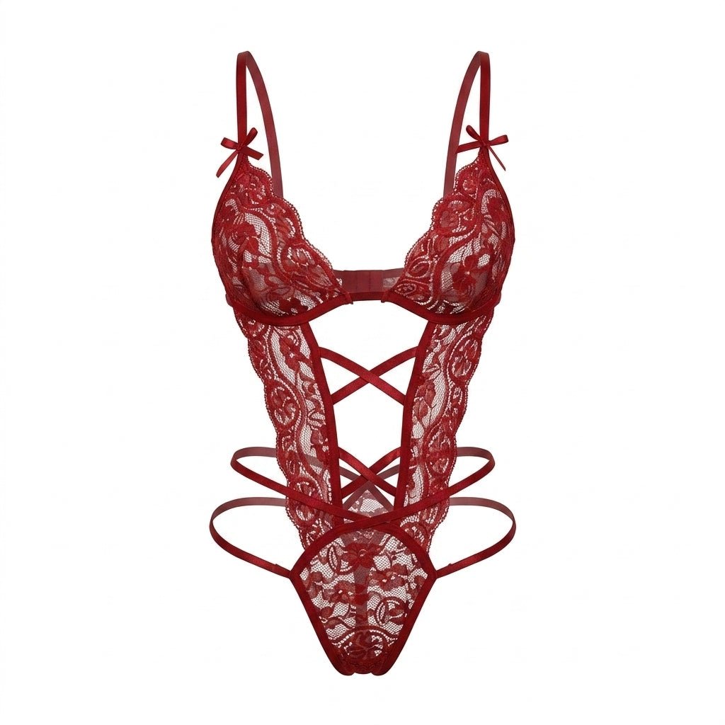 Burgundy Strappy Crotchless Lace Teddy - MARELIA