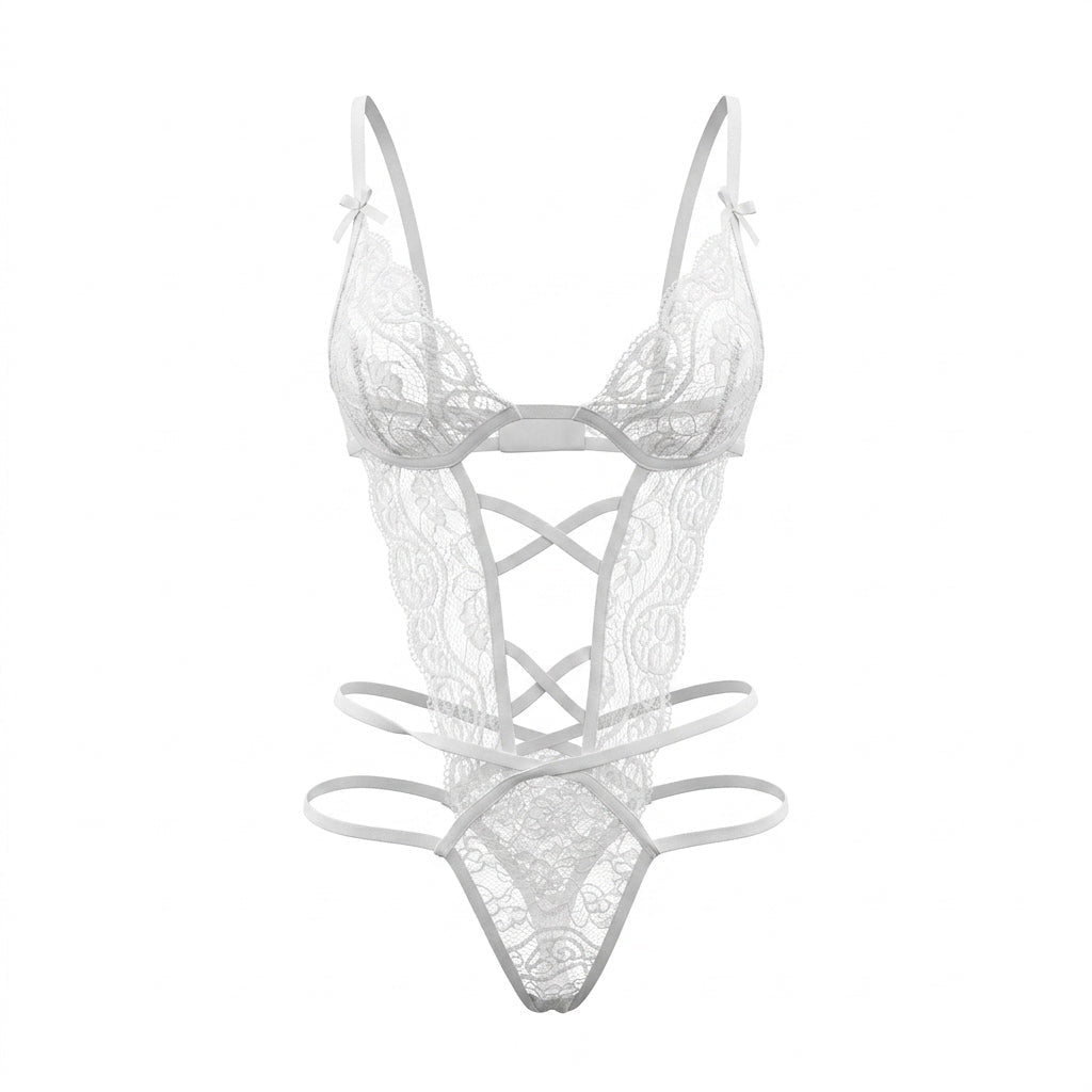 White Strappy Crotchless Lace Teddy - MARELIA