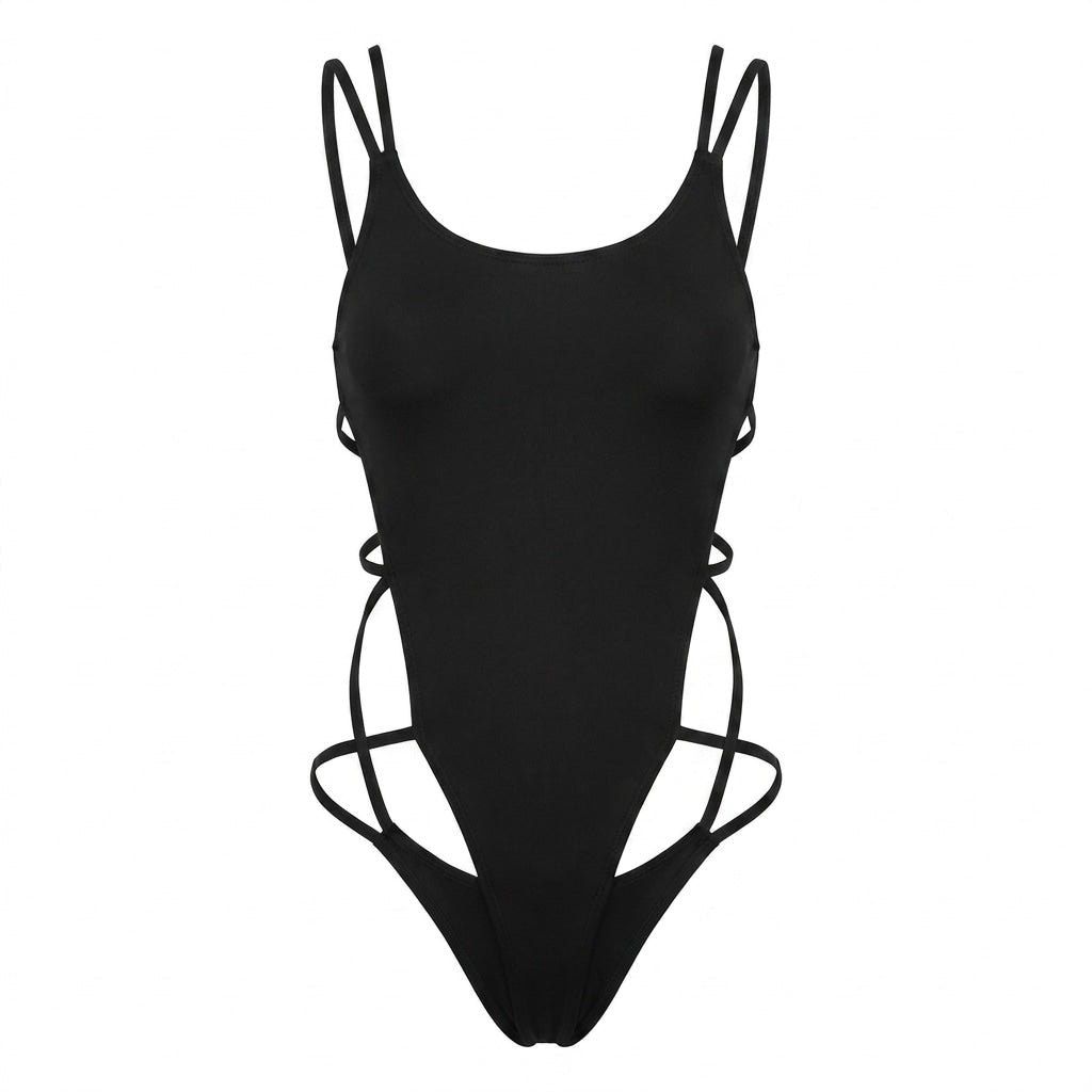Black Strappy Cut Out Thong Bodysuit - MARELIA