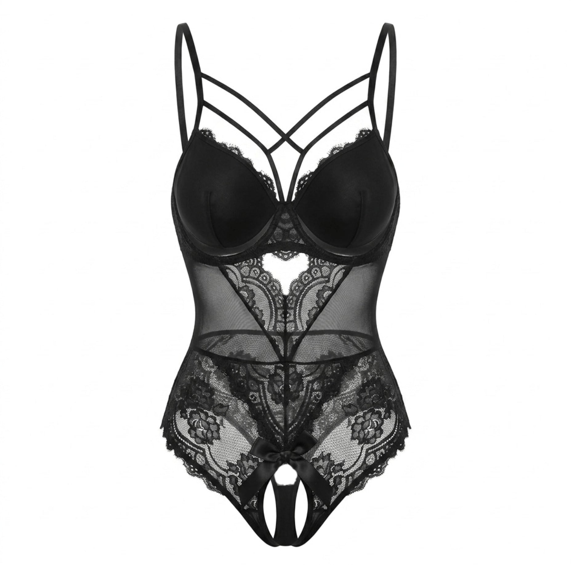 Black Strappy Lace Crotchless Bodysuit - MARELIA