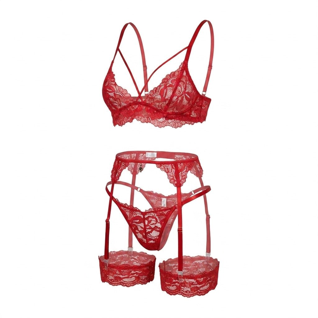 Red Strappy Lace Four Piece Lingerie Set - MARELIA