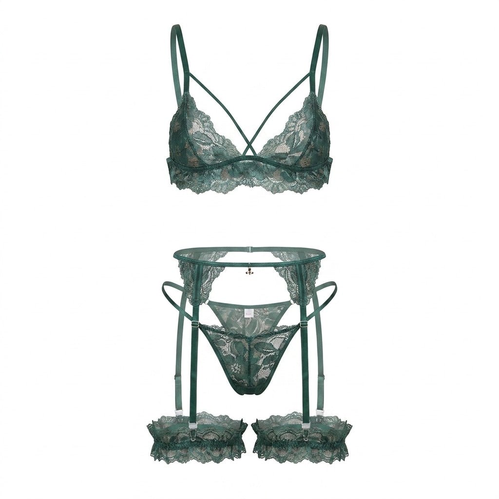 Green Strappy Lace Four Piece Lingerie Set - MARELIA