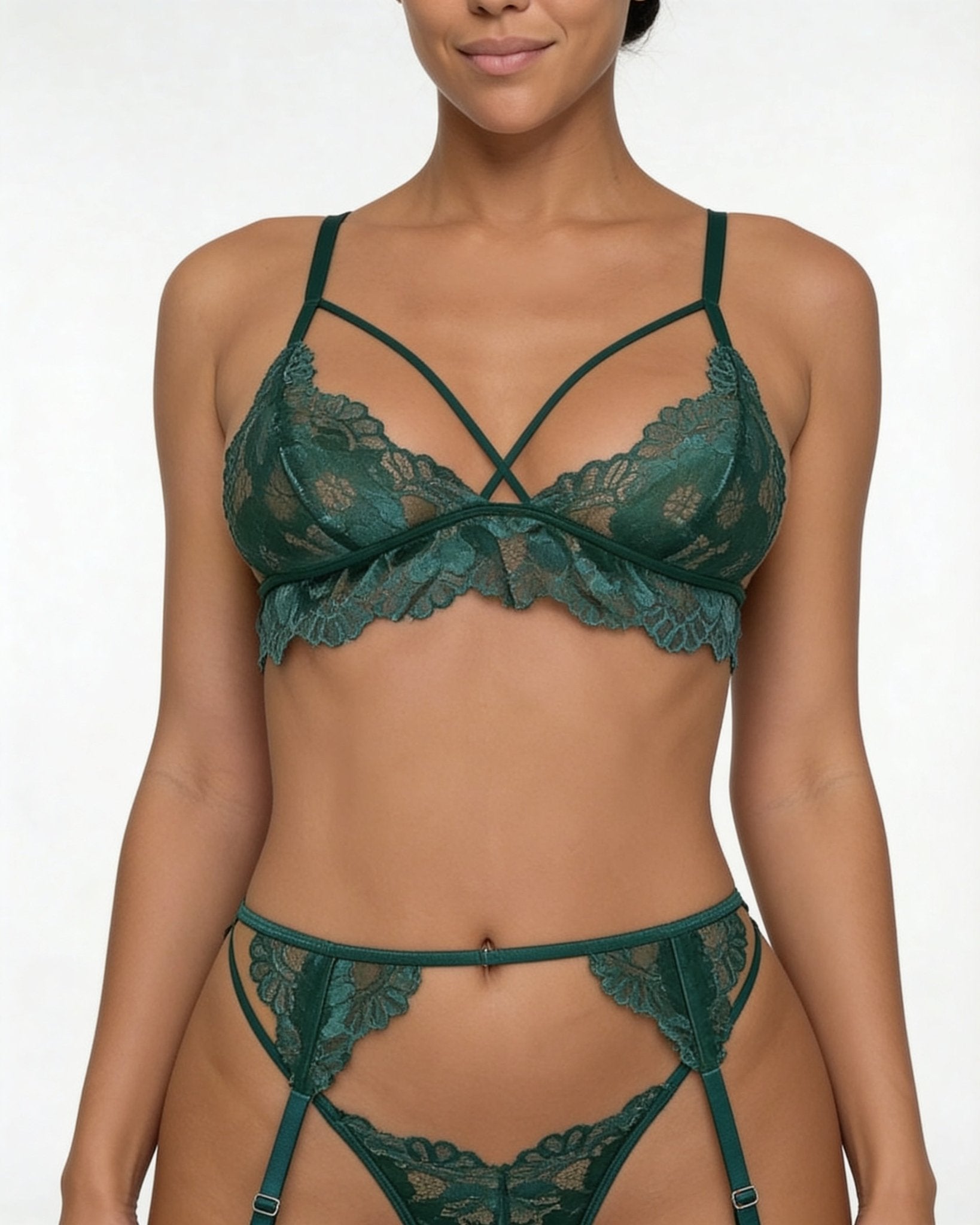 Green Strappy Lace Four Piece Lingerie Set - MARELIA
