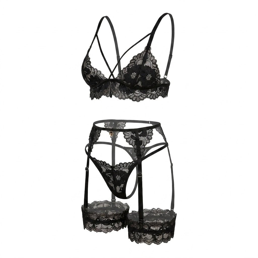 Black Strappy Lace Four Piece Lingerie Set - MARELIA