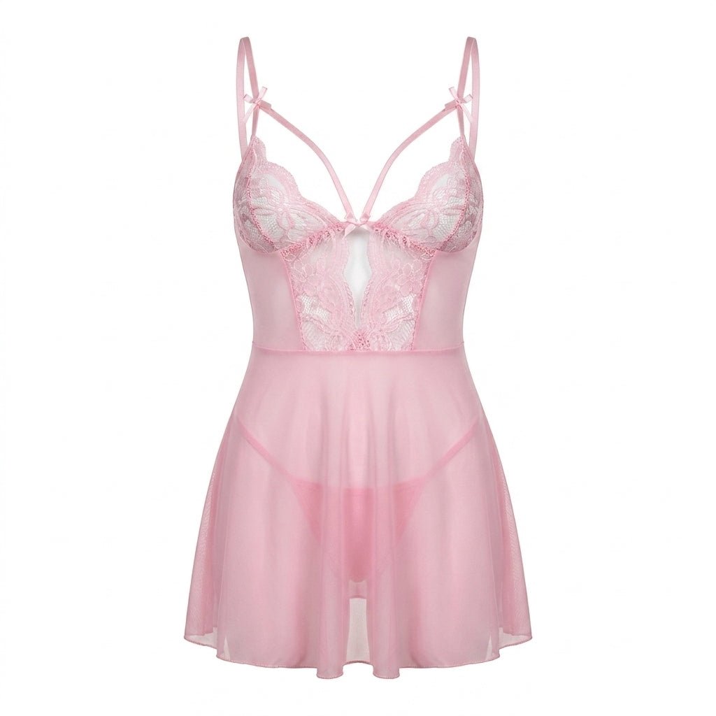 Pink Strappy Lace Mesh Babydoll - MARELIA