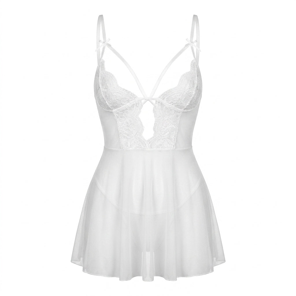 White Strappy Lace Mesh Babydoll - MARELIA