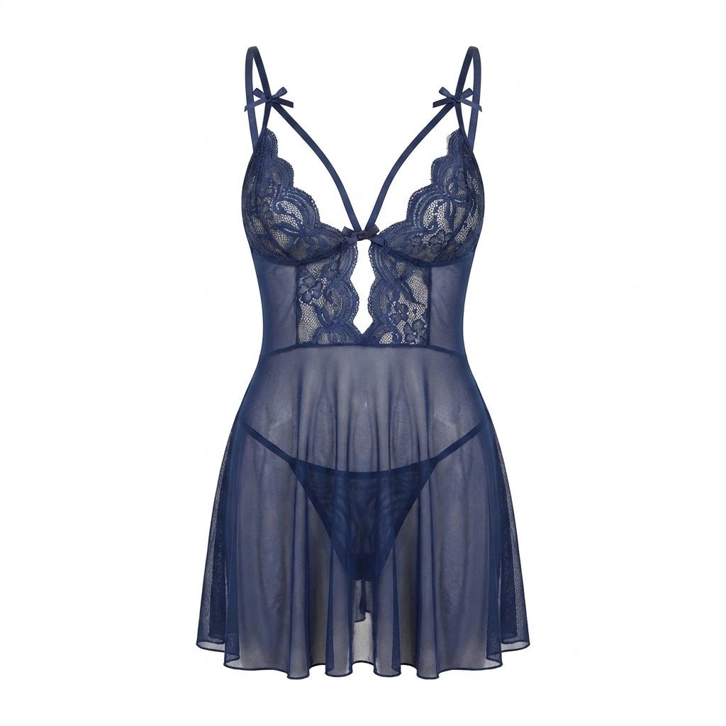 Navy Strappy Lace Mesh Babydoll - MARELIA