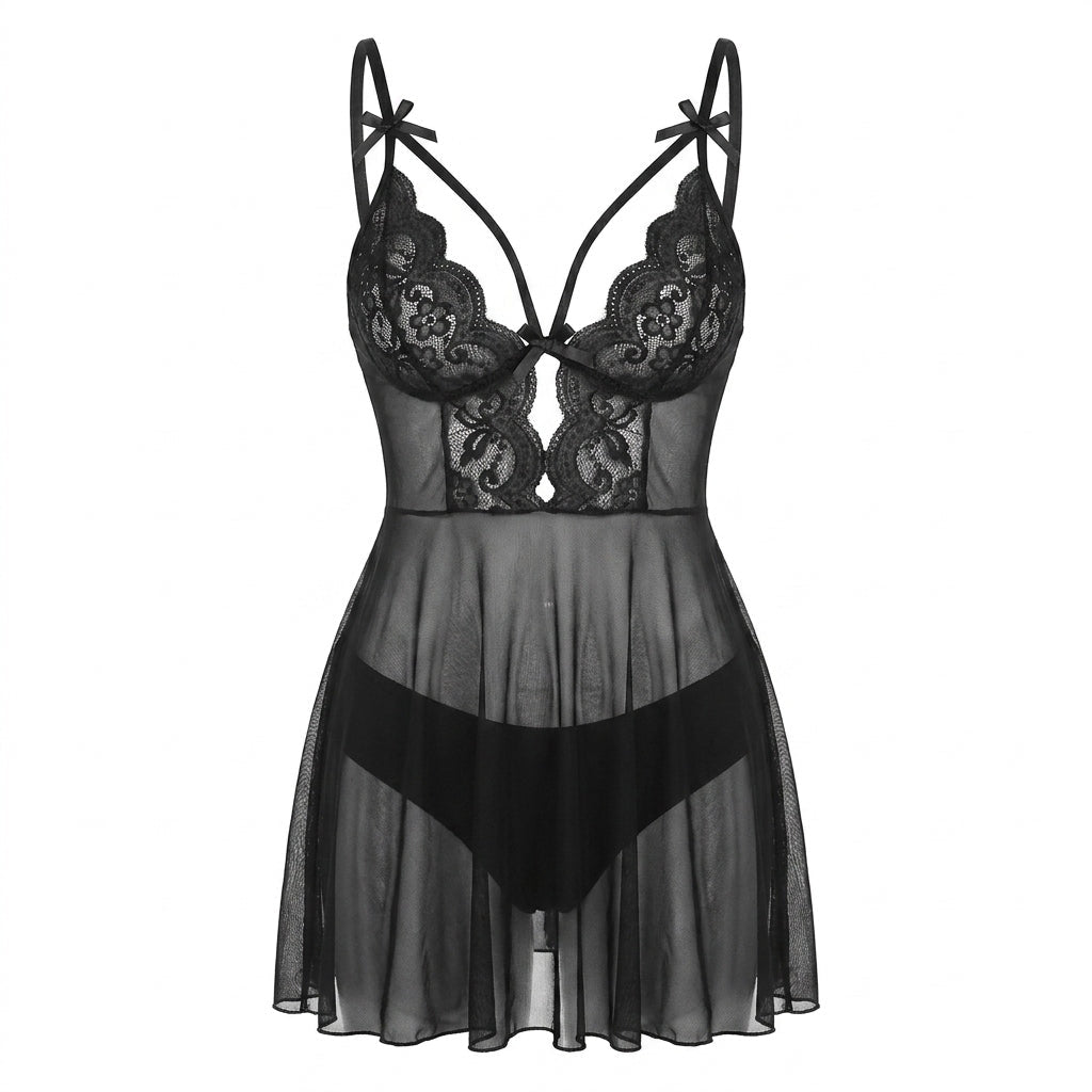 Black Strappy Lace Mesh Babydoll - MARELIA