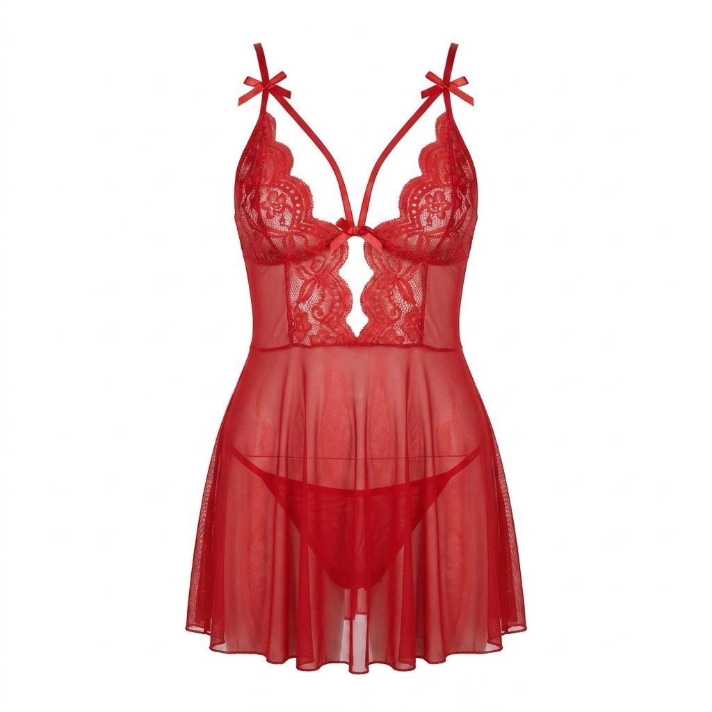 Red Strappy Lace Mesh Babydoll - MARELIA