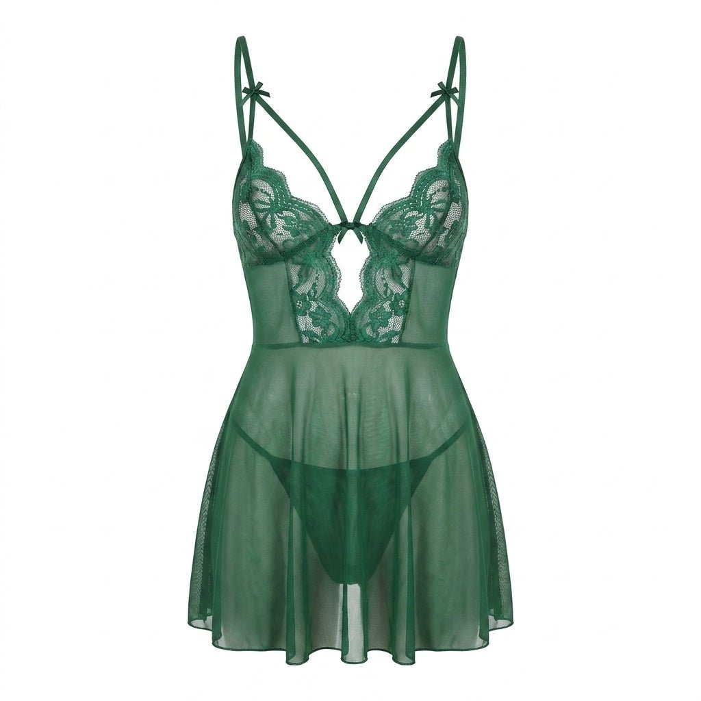 Green Strappy Lace Mesh Babydoll - MARELIA