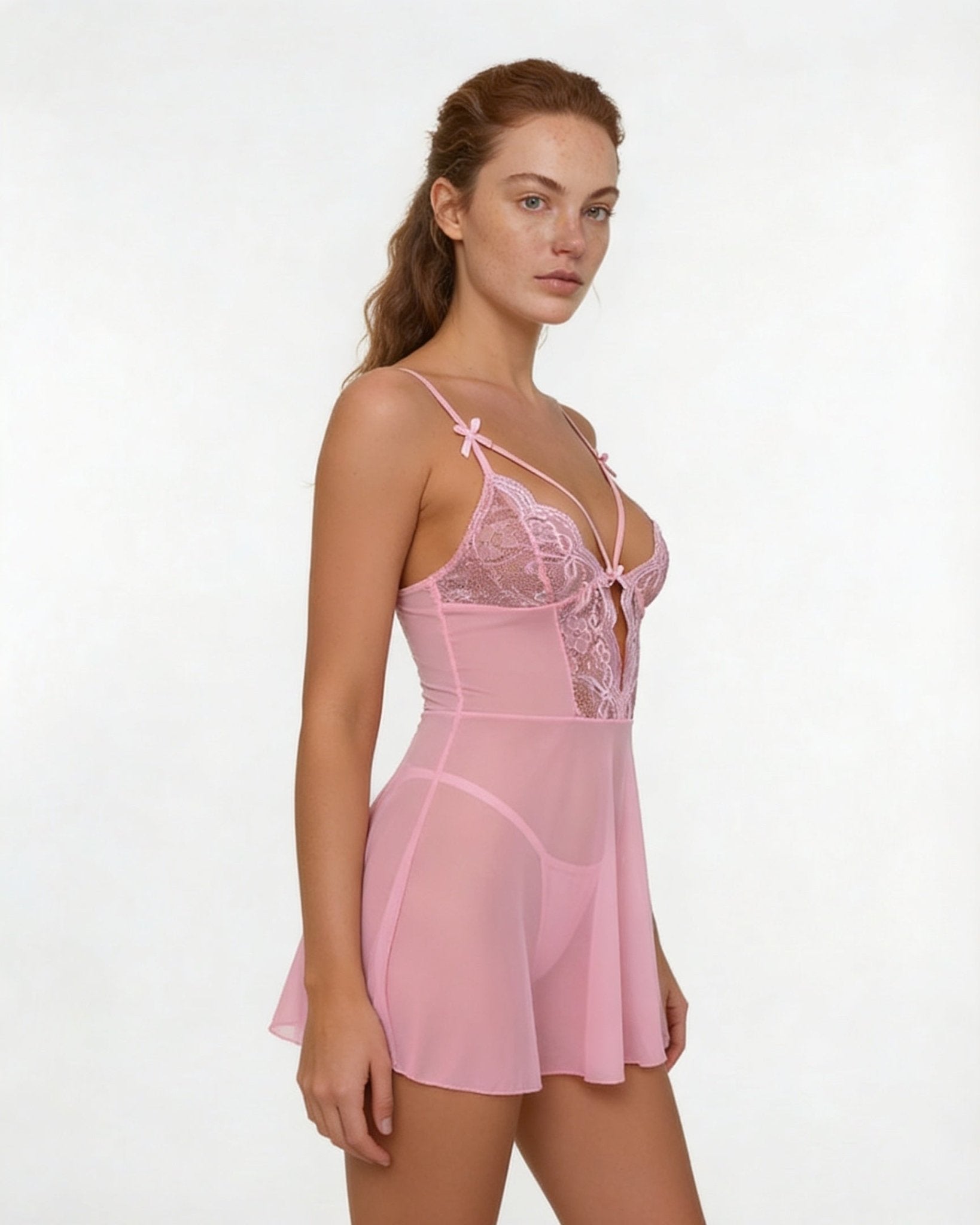 Pink Strappy Lace Mesh Babydoll - MARELIA
