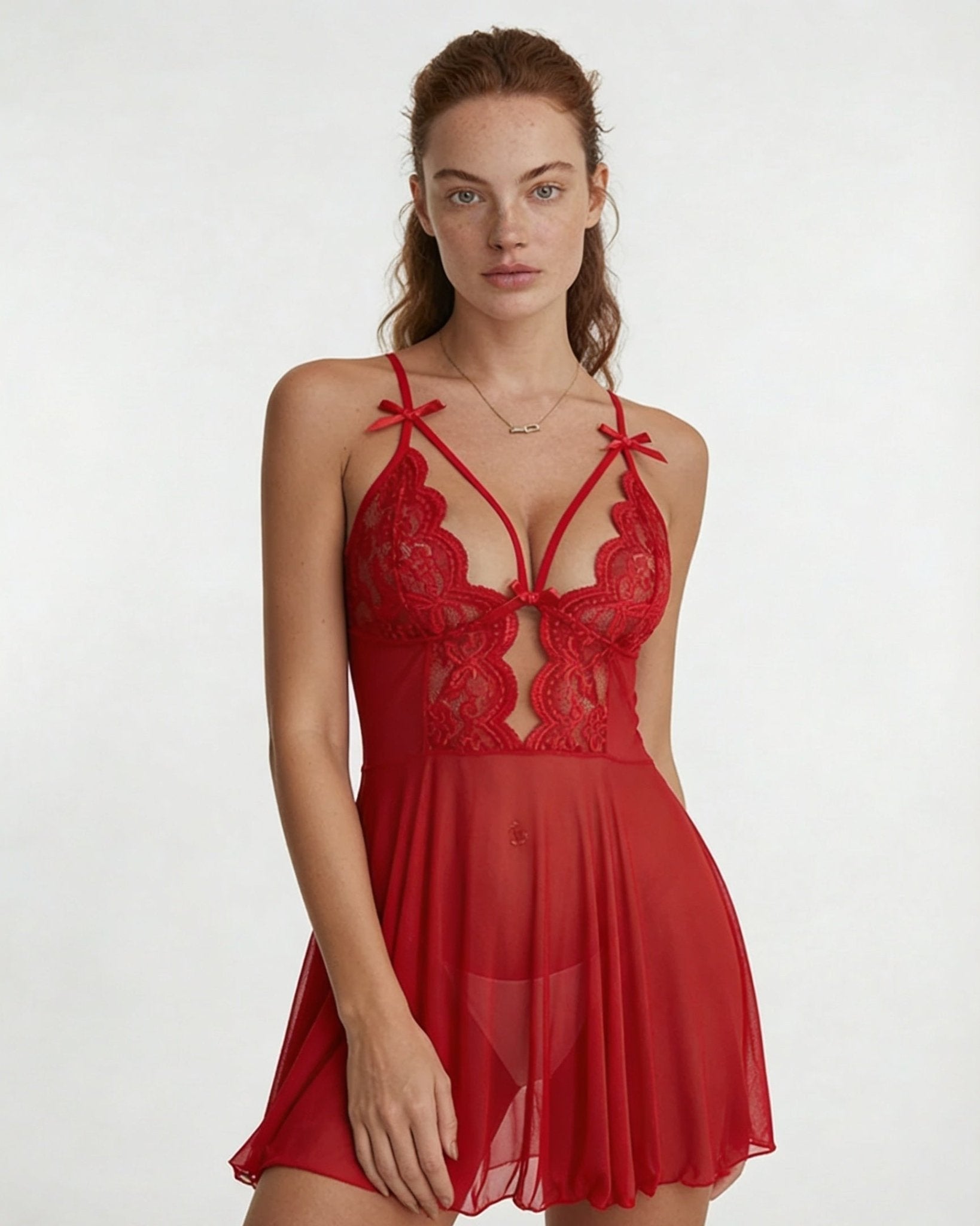Red Strappy Lace Mesh Babydoll - MARELIA