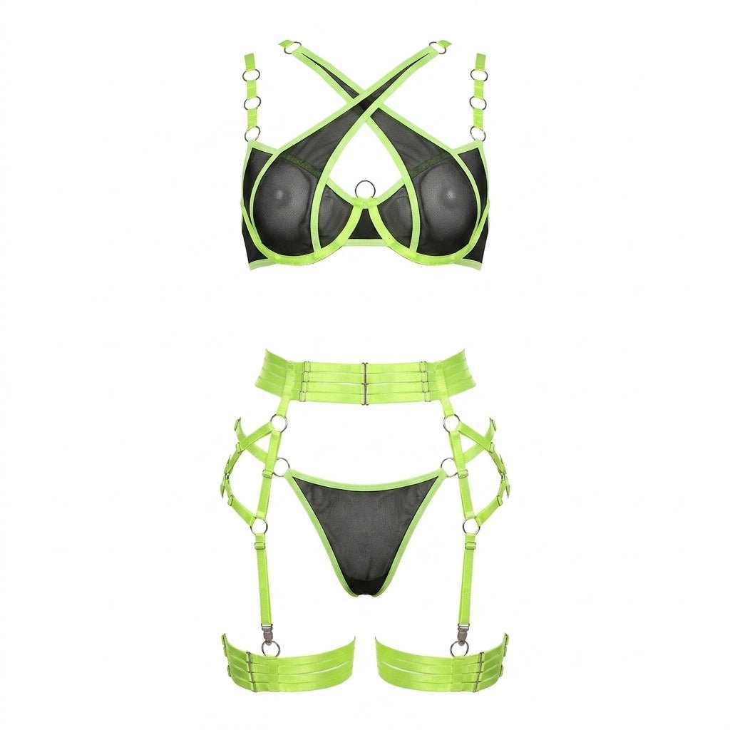 Neon Green Strappy Mesh Four Piece Lingerie Set - MARELIA