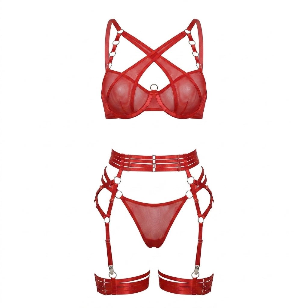 Red Strappy Mesh Four Piece Lingerie Set - MARELIA