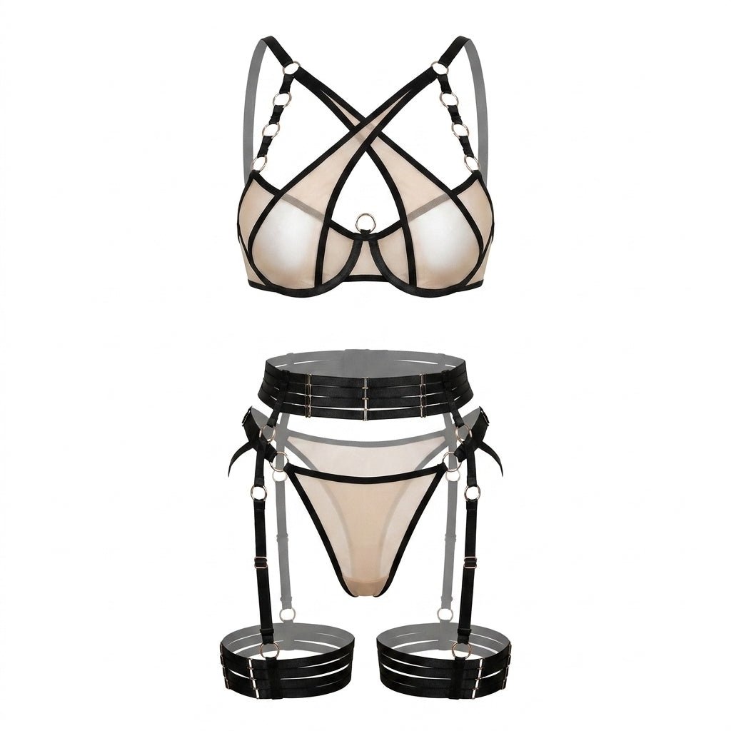 Black & Nude Strappy Mesh Four Piece Lingerie Set - MARELIA