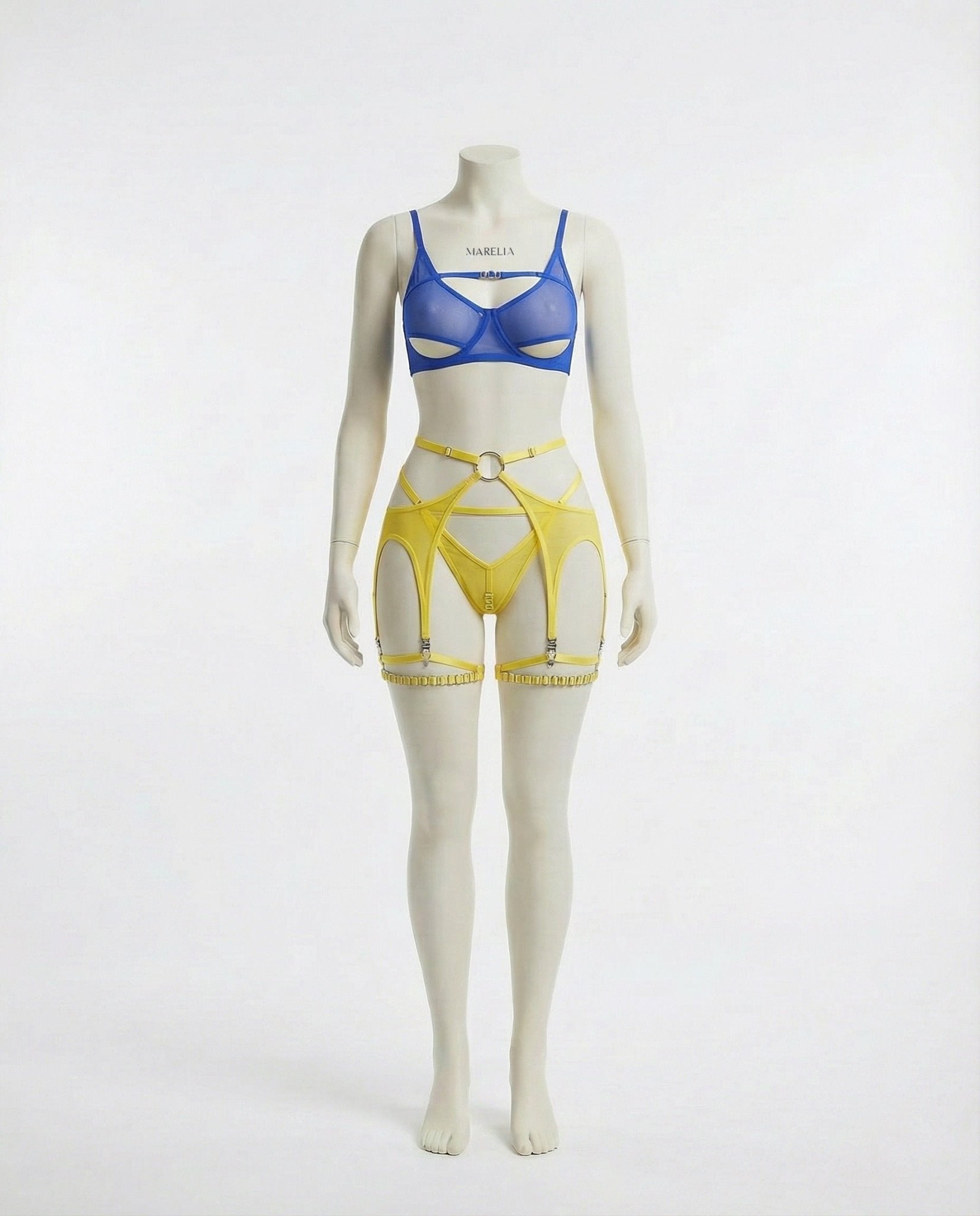 Blue and yellow strappy mesh three piece lingerie set