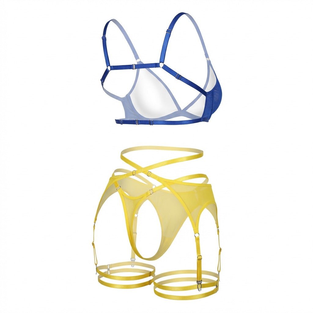 Blue and yellow strappy mesh three piece lingerie set