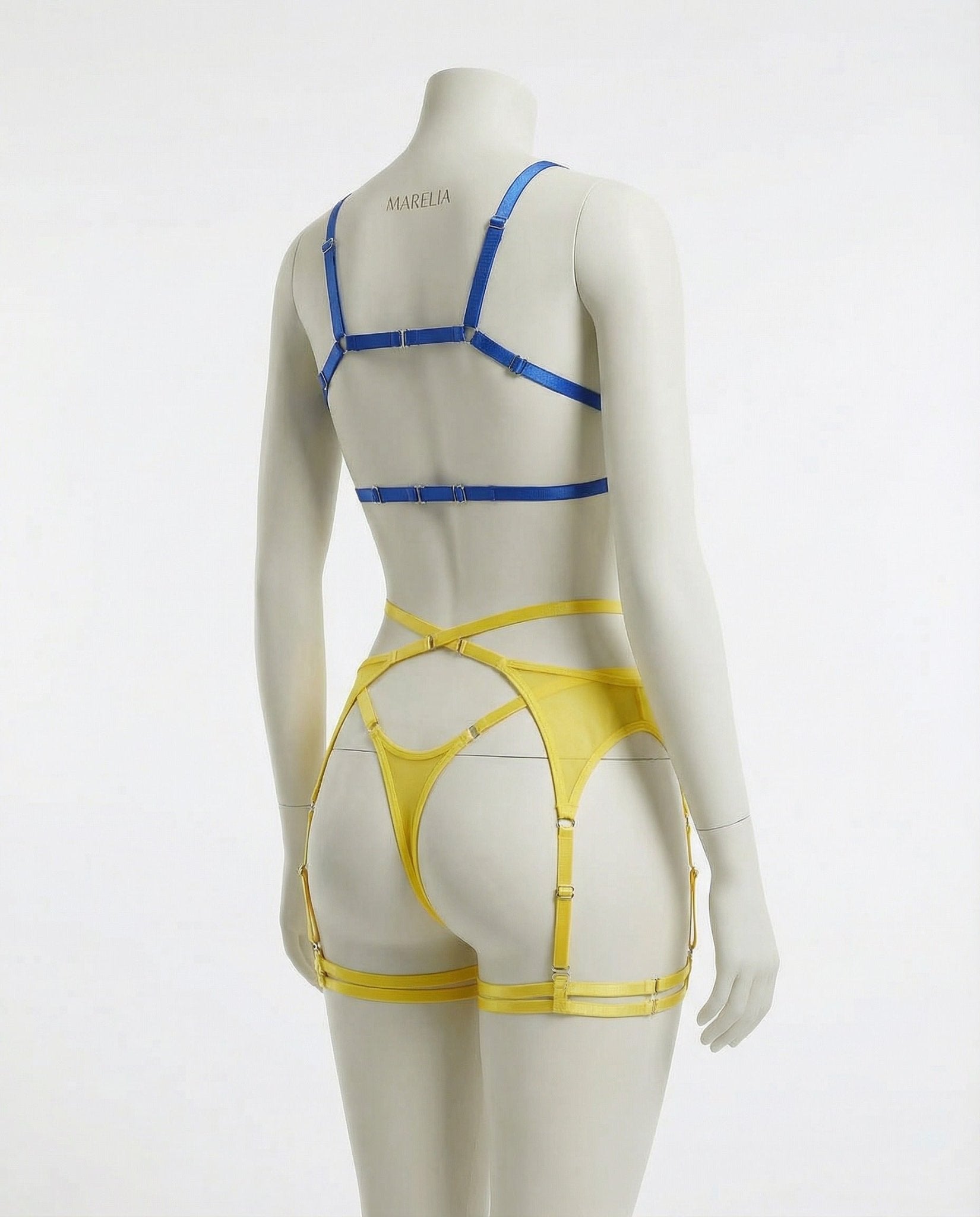 Blue and yellow strappy mesh three piece lingerie set