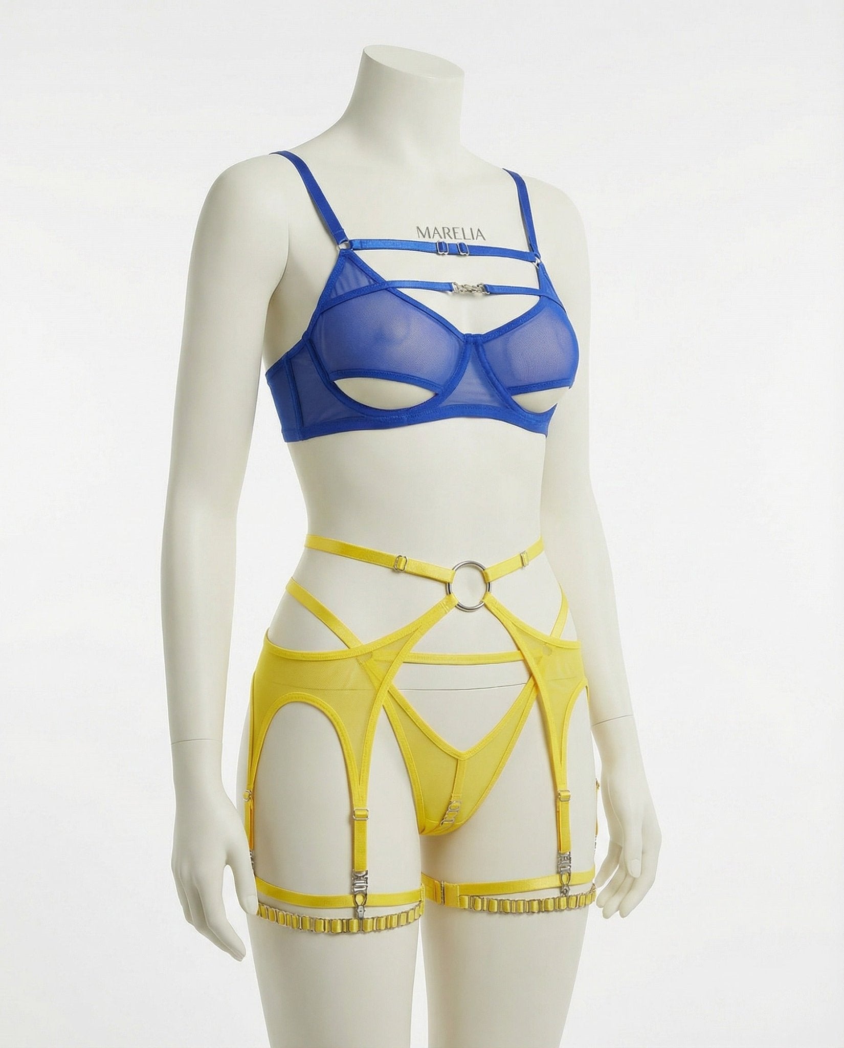 Blue and yellow strappy mesh three piece lingerie set