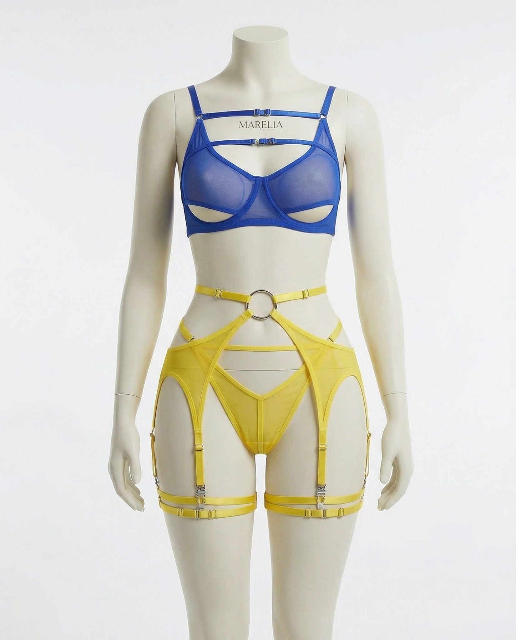 Blue and yellow strappy mesh three piece lingerie set