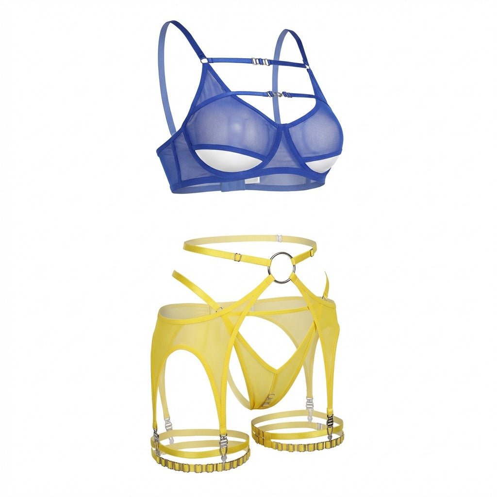 Blue and yellow strappy mesh three piece lingerie set