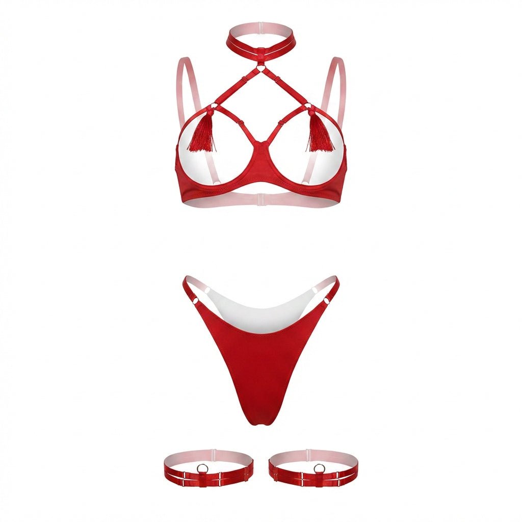Red Strappy Open Cup Tassel Lingerie Set - MARELIA