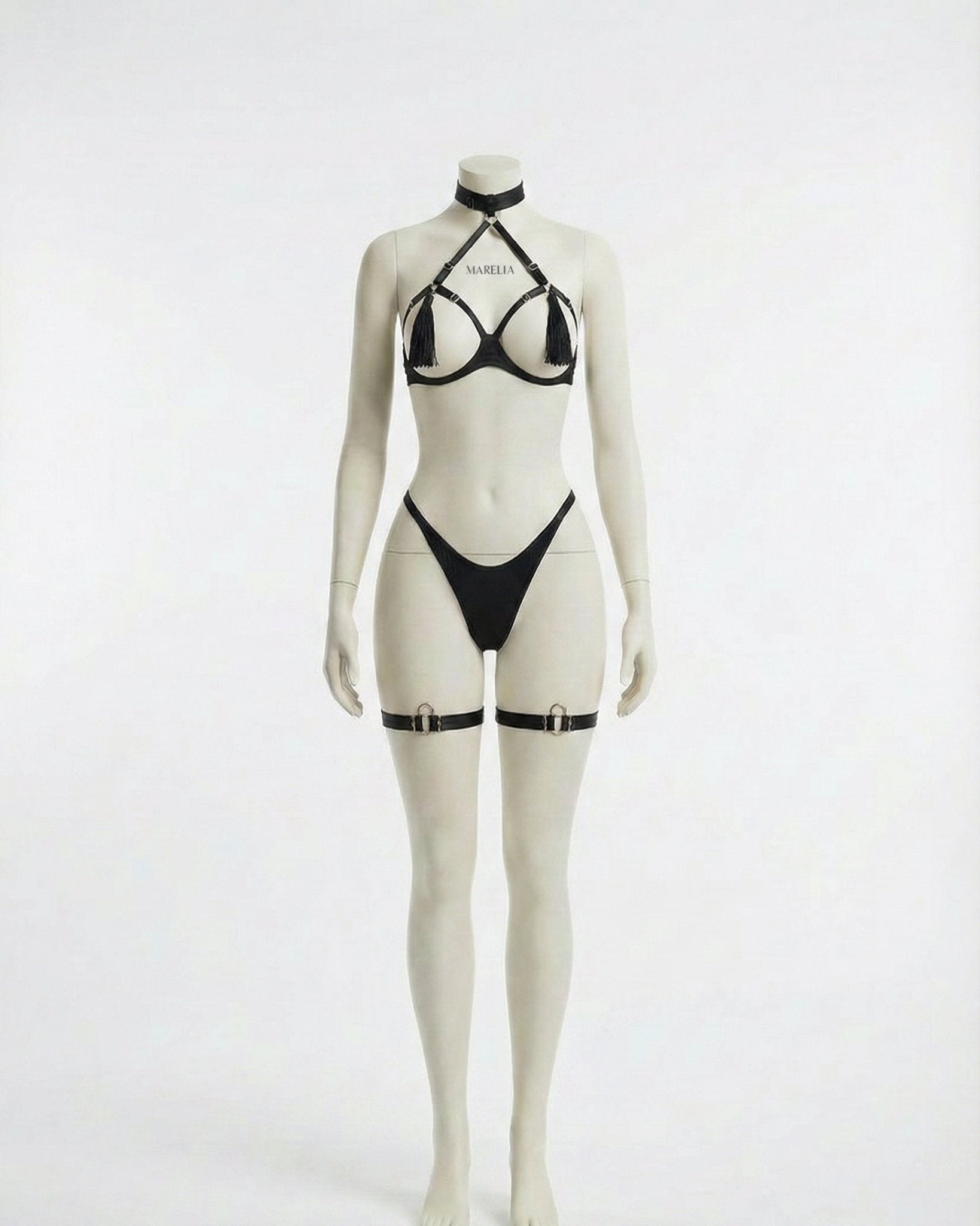 Black Strappy Open Cup Tassel Lingerie Set - MARELIA
