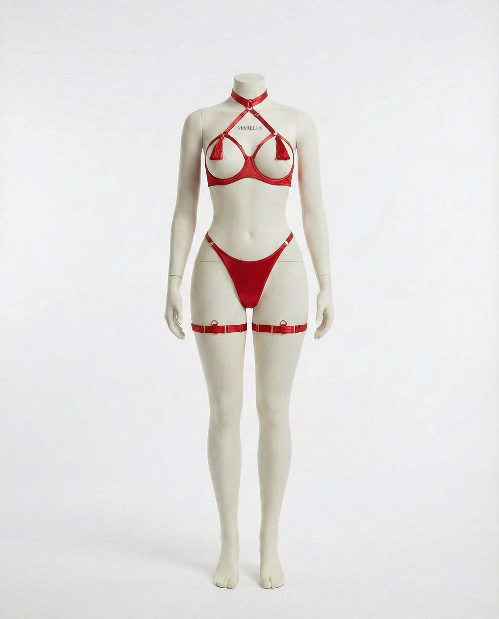 Red Strappy Open Cup Tassel Lingerie Set - MARELIA