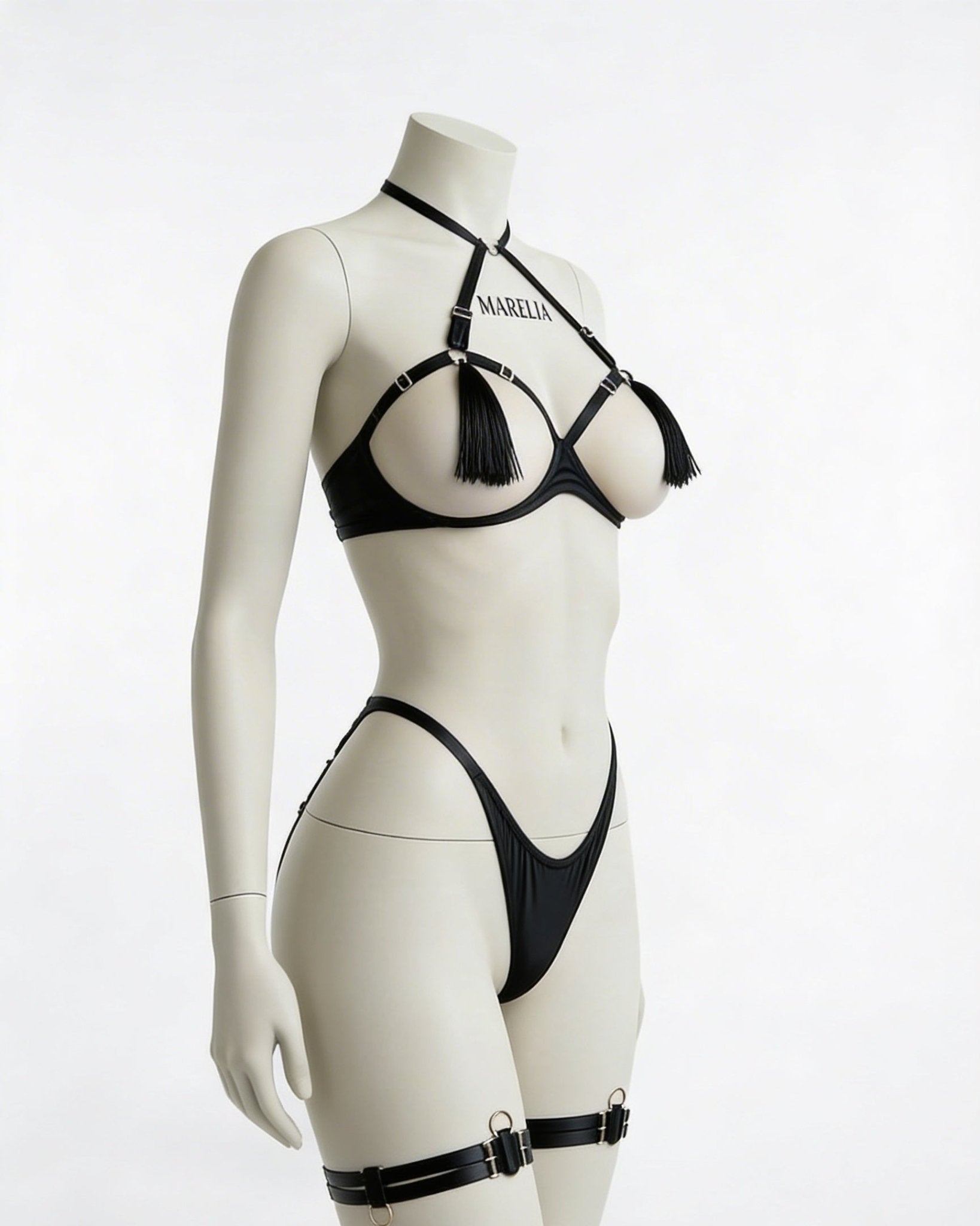 Black Strappy Open Cup Tassel Lingerie Set - MARELIA