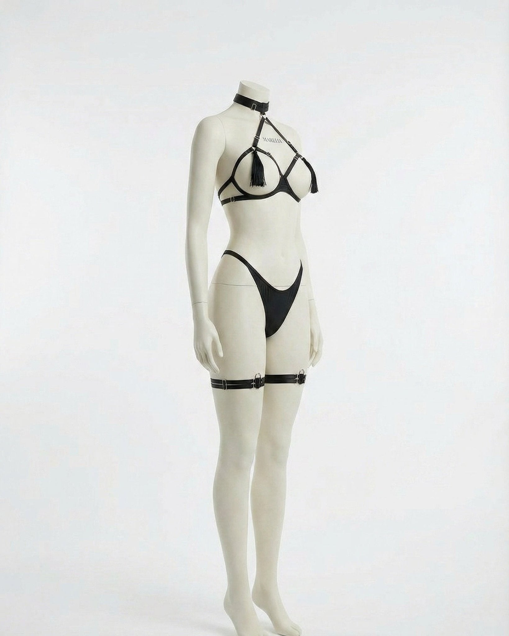 Black Strappy Open Cup Tassel Lingerie Set - MARELIA