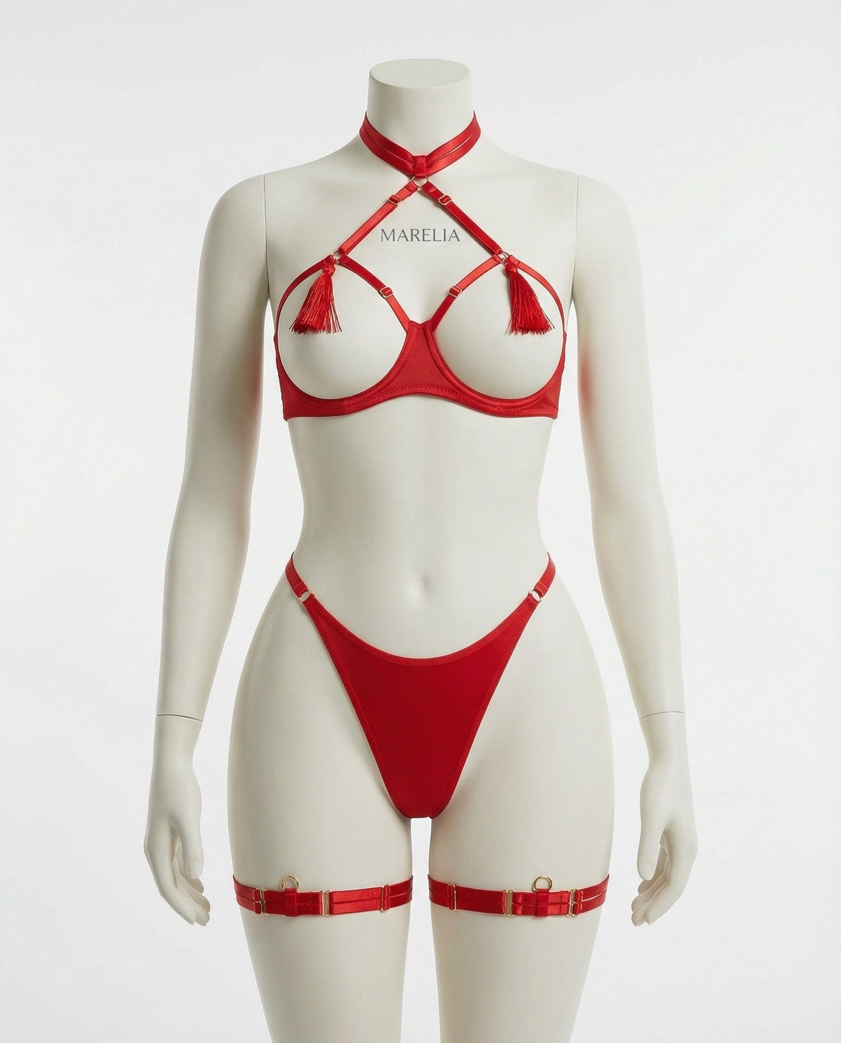 Red Strappy Open Cup Tassel Lingerie Set - MARELIA