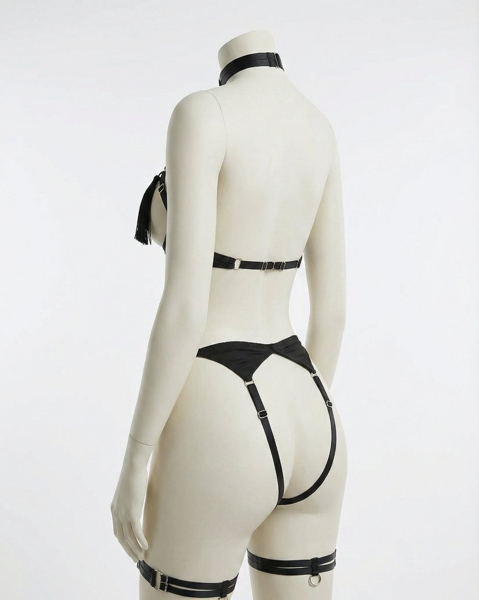 Black Strappy Open Cup Tassel Lingerie Set - MARELIA