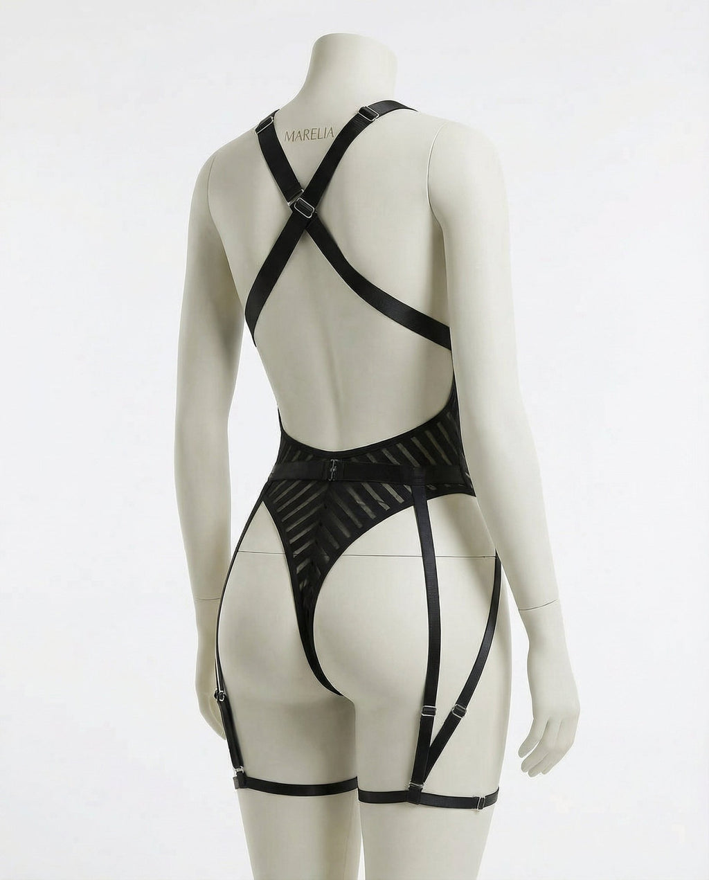 Black Stripe Mesh Suspender Bodysuit With Garter Straps - Marelia