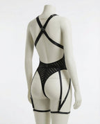 Black Stripe Mesh Suspender Bodysuit With Garter Straps - Marelia