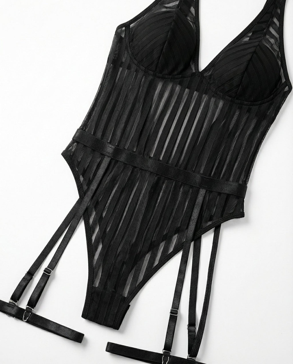 Black Stripe Mesh Suspender Bodysuit With Garter Straps - Marelia