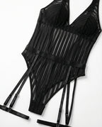 Black Stripe Mesh Suspender Bodysuit With Garter Straps - Marelia