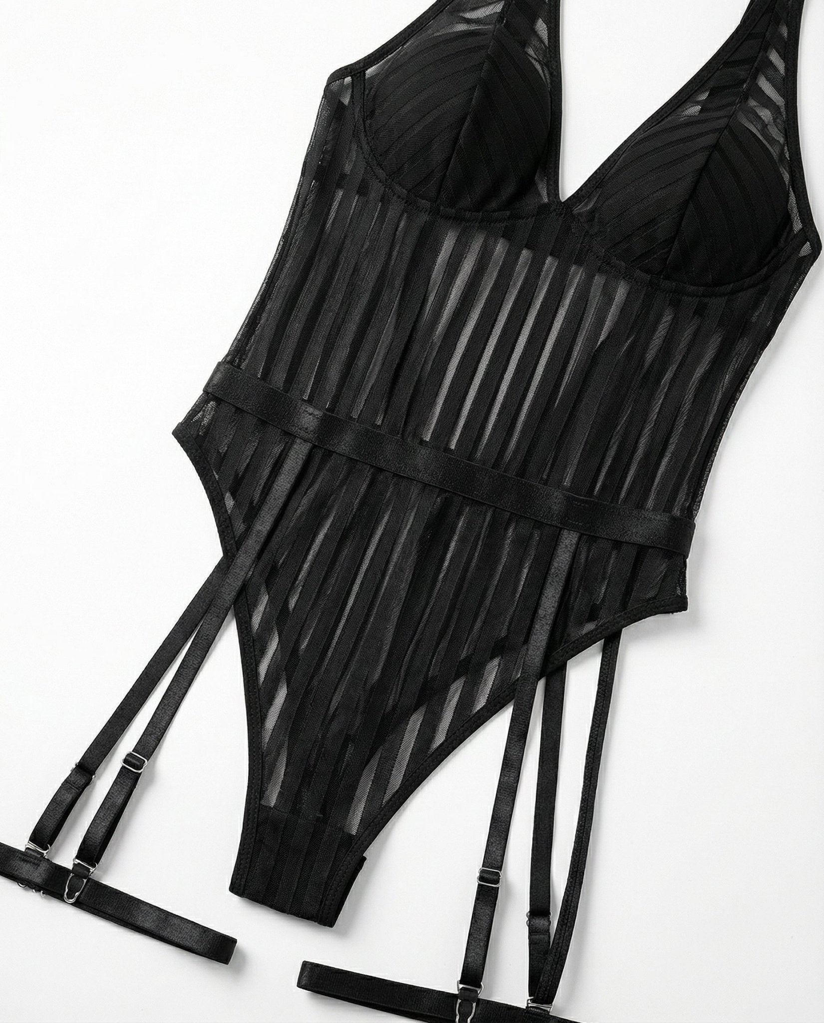Black Stripe Mesh Suspender Bodysuit With Garter Straps - Marelia