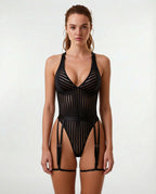 Black Stripe Mesh Suspender Bodysuit With Garter Straps - MARELIA