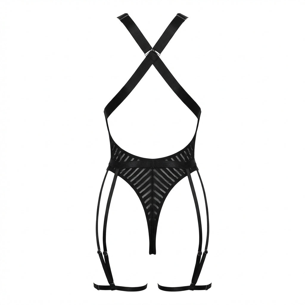 Black Stripe Mesh Suspender Bodysuit With Garter Straps - Marelia