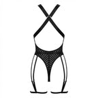 Black Stripe Mesh Suspender Bodysuit With Garter Straps - Marelia