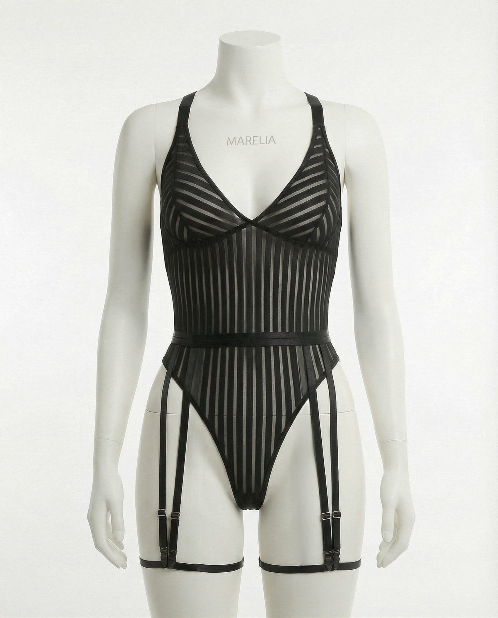 Black Stripe Mesh Suspender Bodysuit With Garter Straps - Marelia