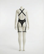 Black Stripe Mesh Suspender Bodysuit With Garter Straps - Marelia