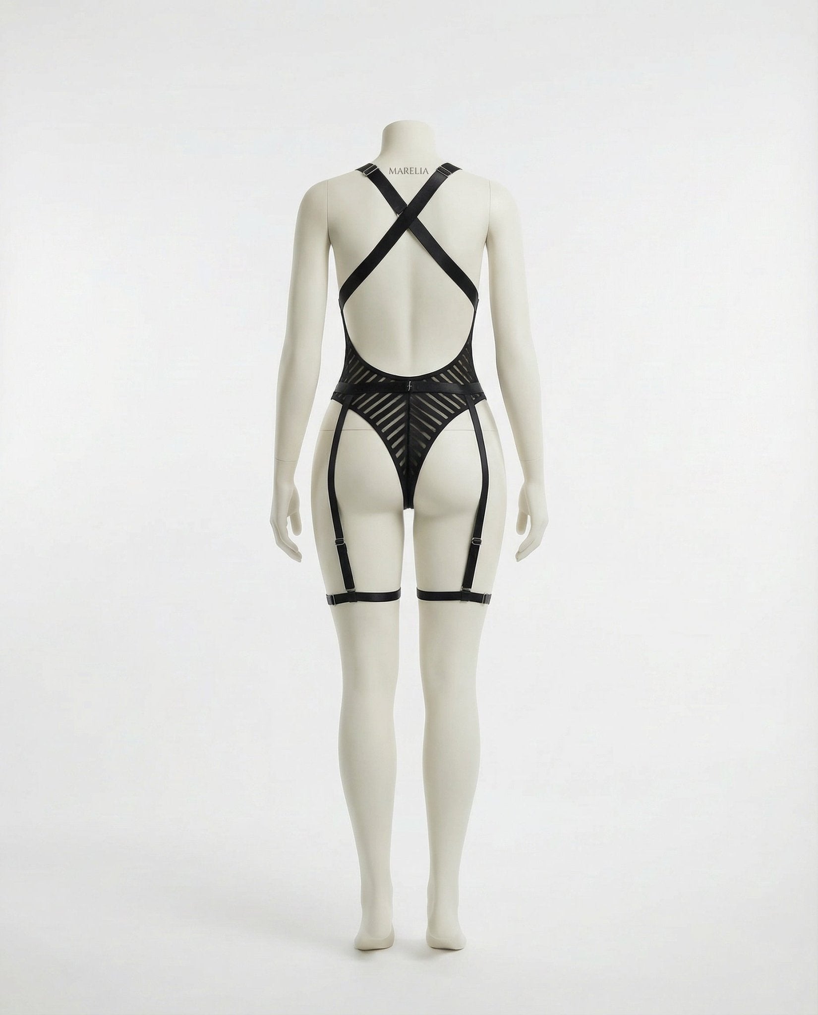 Black Stripe Mesh Suspender Bodysuit With Garter Straps - Marelia